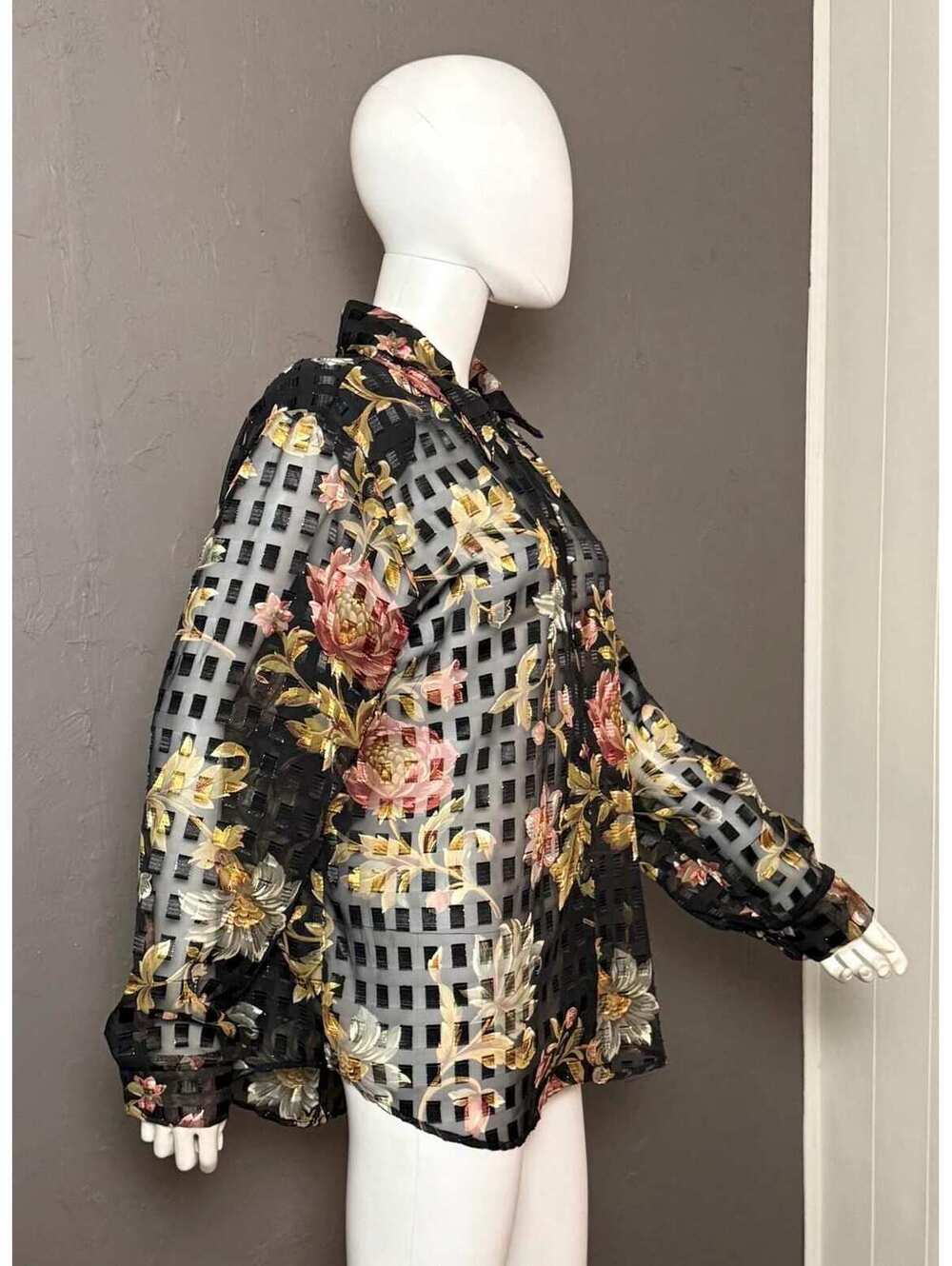 1980s Sheer Burnout Blouse by Expose Black x Earthy Floral size XL - Picture 3 of 10
